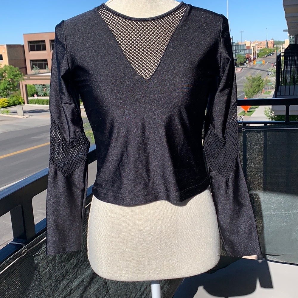 Luli fama black spandex fishnet mesh detail crop top XS/S